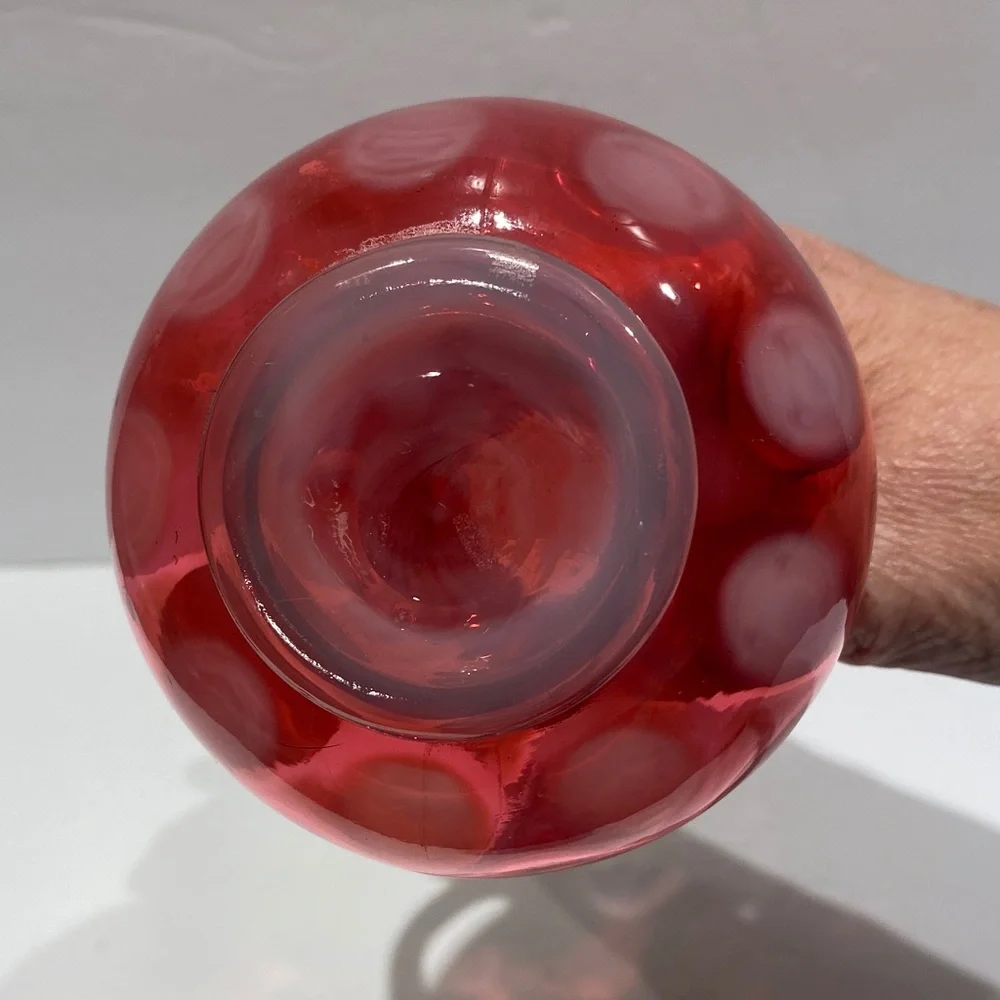 Fenton Cranberry Opalescent Optic Thumbprint Pitcher/Cruet With Applied Handle - Picture 8 of 9